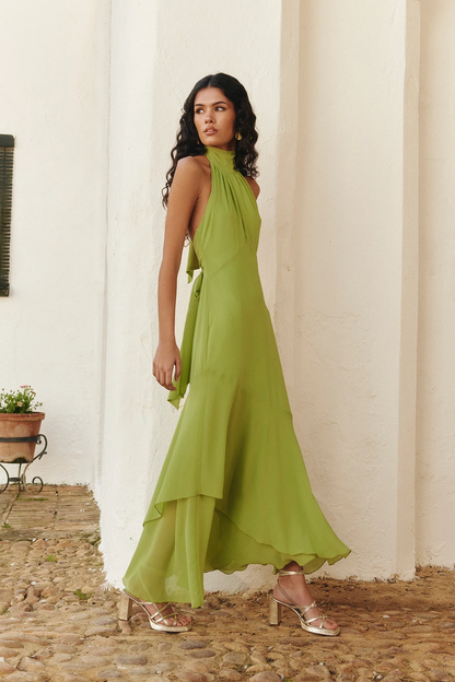 Vestido Halter Maxi Espalda Abierta Lazo