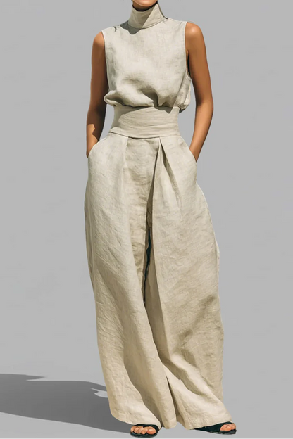 Conjunto Minimalista Cuello Alto - Blusa Sin Mangas y Pantalón Ancho Premium