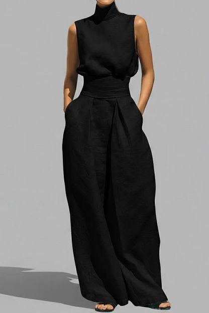 Conjunto Minimalista Cuello Alto - Blusa Sin Mangas y Pantalón Ancho Premium