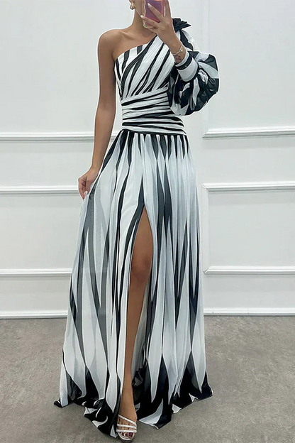 Shiloh - Vestido Maxi Elegante a Rayas con Un Hombro
