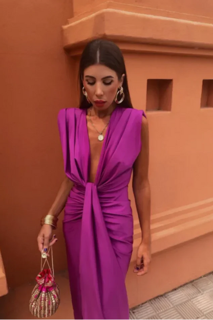 VALENTINA | Vestido Midi Drapeado con Escote en V Profundo y Nudo Frontal