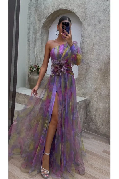 AURORA | Vestido Maxi de Tul Estampado con Hombro Único