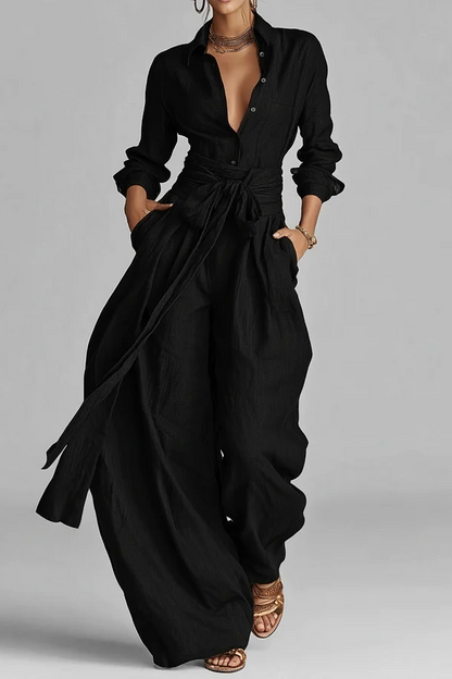CAROLINA | Conjunto Elegante de Blusa Camisera y Pantalón Palazzo