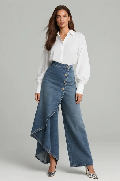 Pantalón Denim Asimétrico Talle Alto - Pierna Ancha con Detalle Envolvente