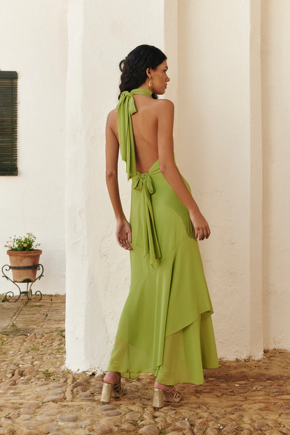Vestido Halter Maxi Espalda Abierta Lazo