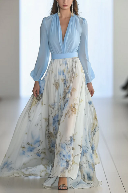 CELESTE | Vestido Maxi Bicolor Escote en V con Falda Floral
