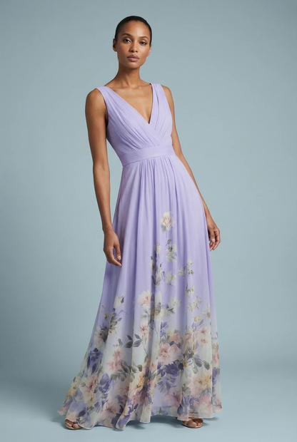 Vestido Maxi de Gasa con Escote en V y Estampado Floral