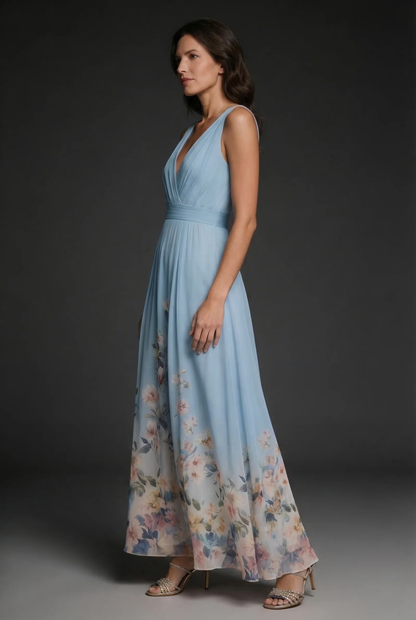 Vestido Maxi de Gasa con Escote en V y Estampado Floral