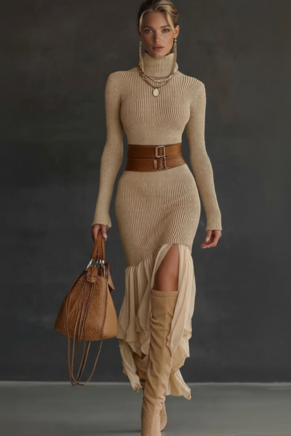 Camila | Vestido de Punto Acanalado con Cuello Alto