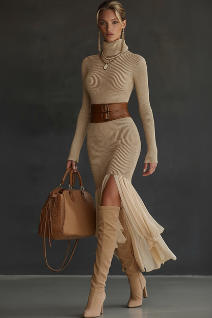 Camila | Vestido de Punto Acanalado con Cuello Alto