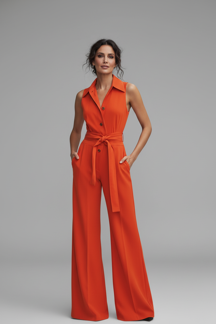 Camila | Mono elegante de mujer sin mangas con cuello camisero y cinturón de lazo, de pierna ancha