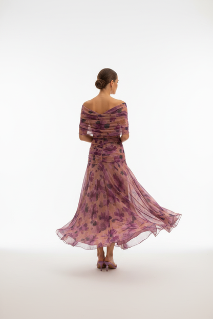 Vestido Maxi Floral con Hombros Caídos y Drapeado