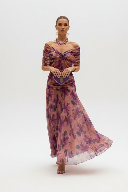 Vestido Maxi Floral con Hombros Caídos y Drapeado