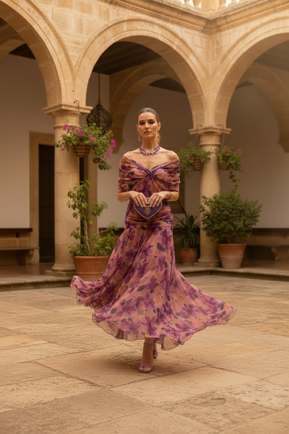 Vestido Maxi Floral con Hombros Caídos y Drapeado