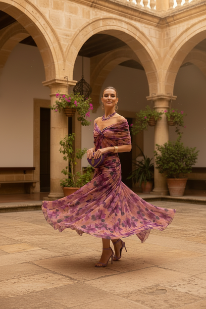 Vestido Maxi Floral con Hombros Caídos y Drapeado