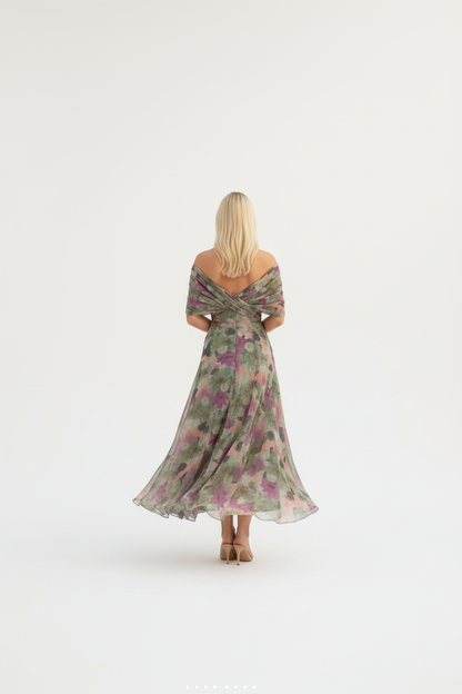 Vestido Maxi Floral con Hombros Caídos y Drapeado