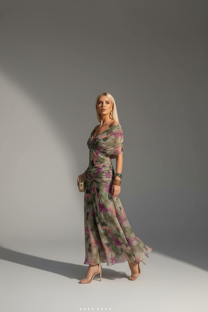 Vestido Maxi Floral con Hombros Caídos y Drapeado