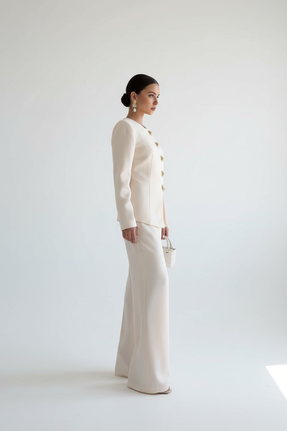 ANGELA | Conjunto Elegante de Blazer Blanco con Botones Dorados y Pantalón Palazzo